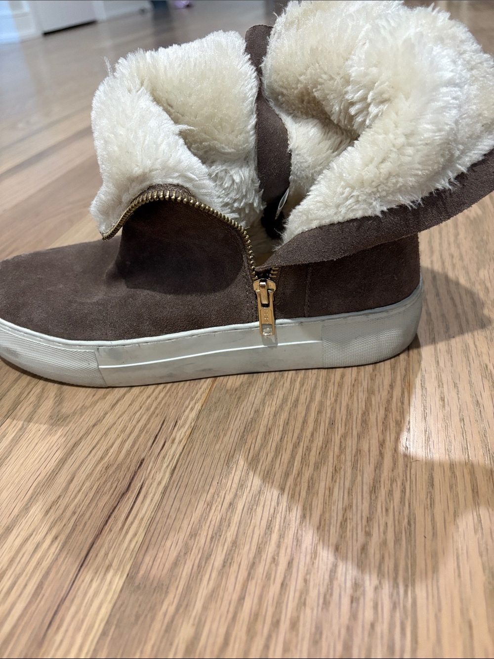 J Slides Tristan  Gray Suede Ankle Booties with Cream Shearling Lining